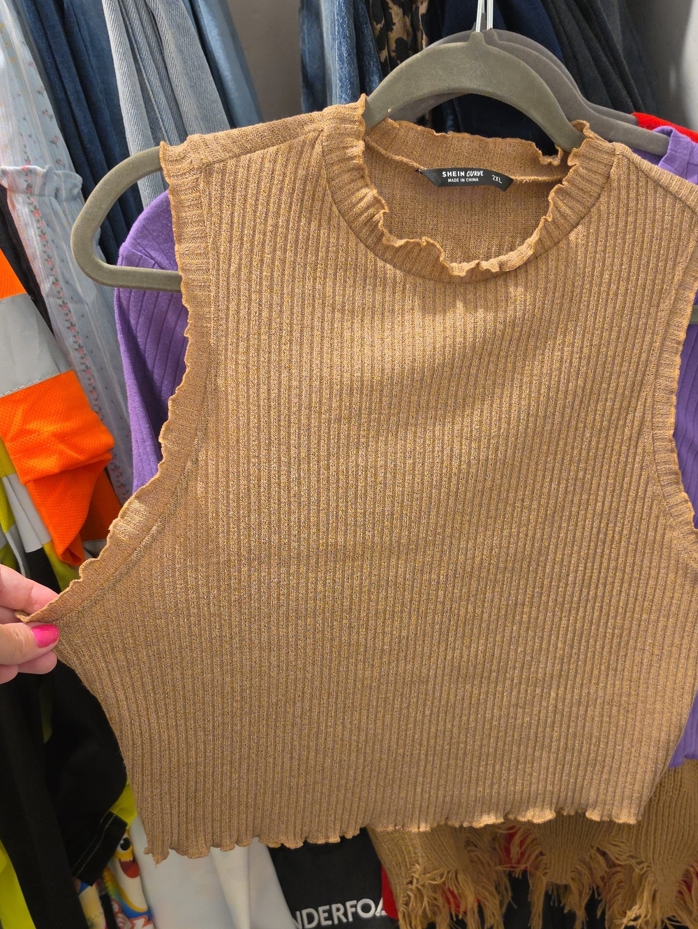 SHEIN Tan Ribbed Mock Neck Sleeveless Crop Top